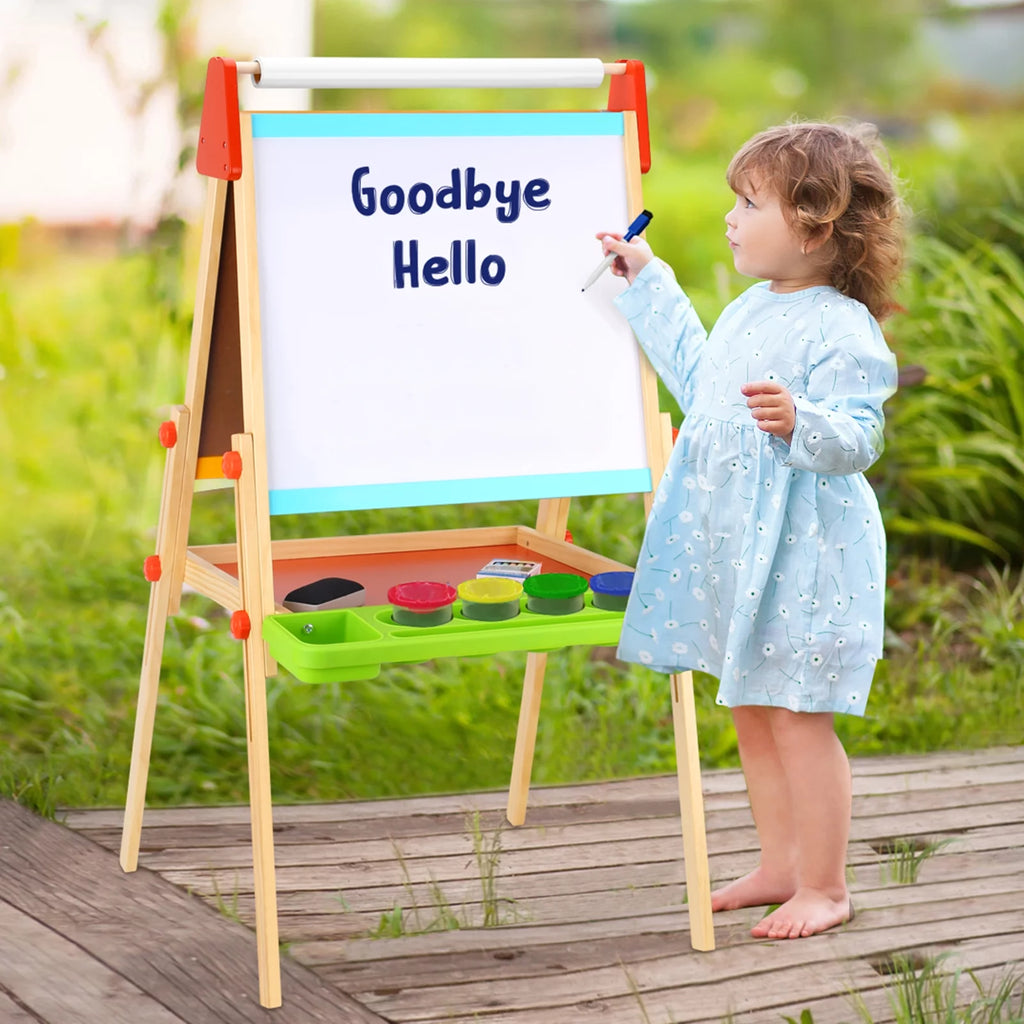 Wooden Easel with Magnetic Whiteboard, Chalkboard, Paper Roll O190