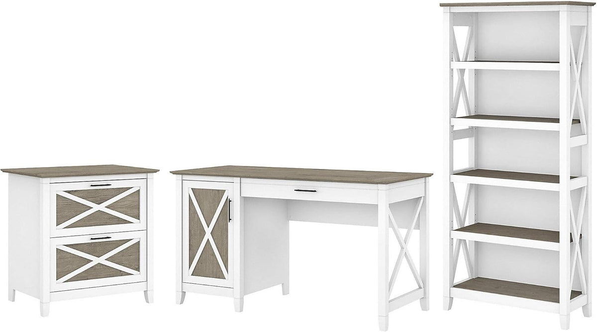 54W Reclaimed Pine Computer Desk with 2 Drawer Lateral File Cabinet and 5 Shelf Bookcase L45506