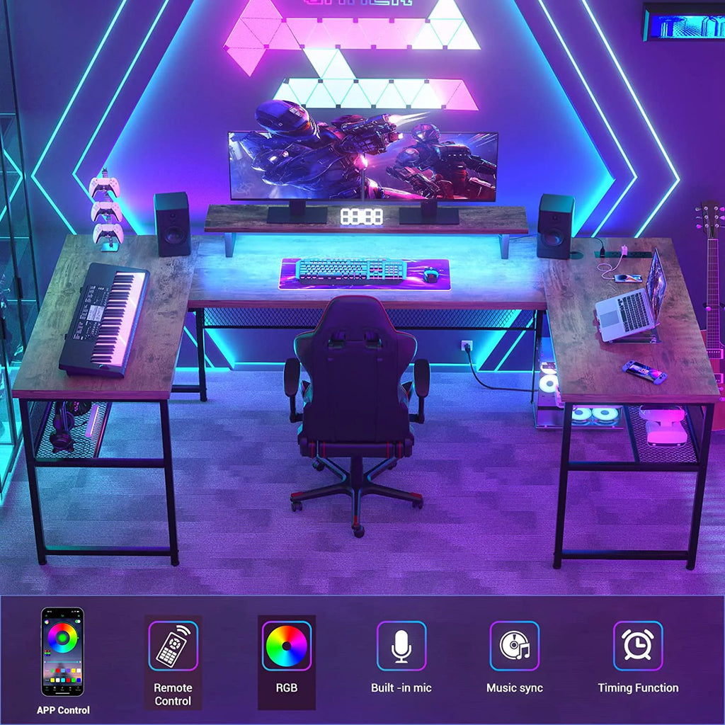 U Shaped Computer Desk with Power Outlet and LED Strip N8002