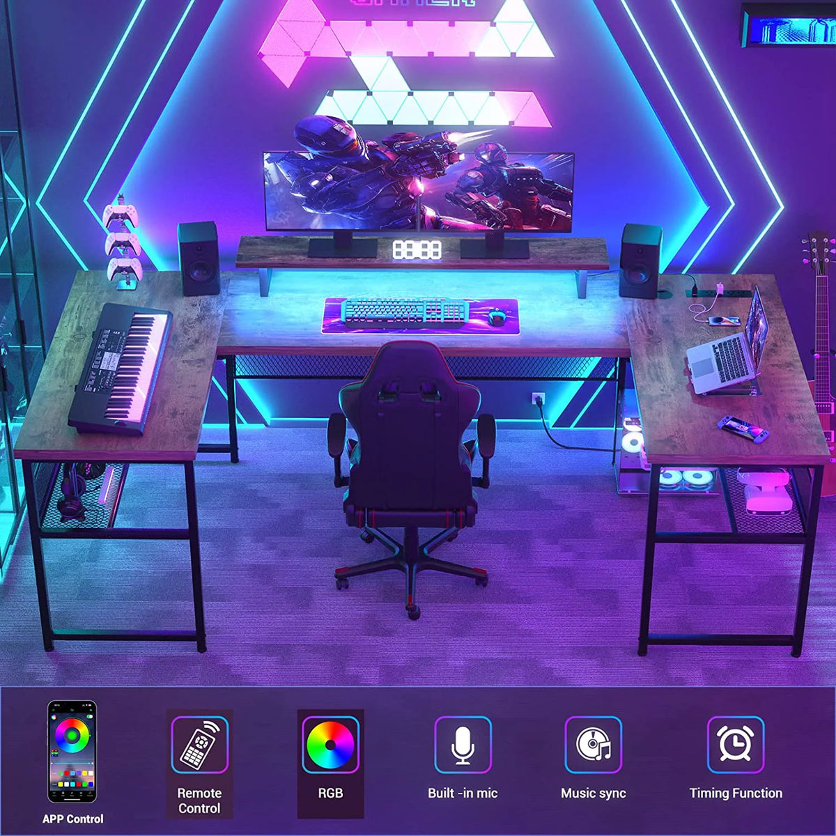 U Shaped Computer Desk with Power Outlet and LED Strip N8002