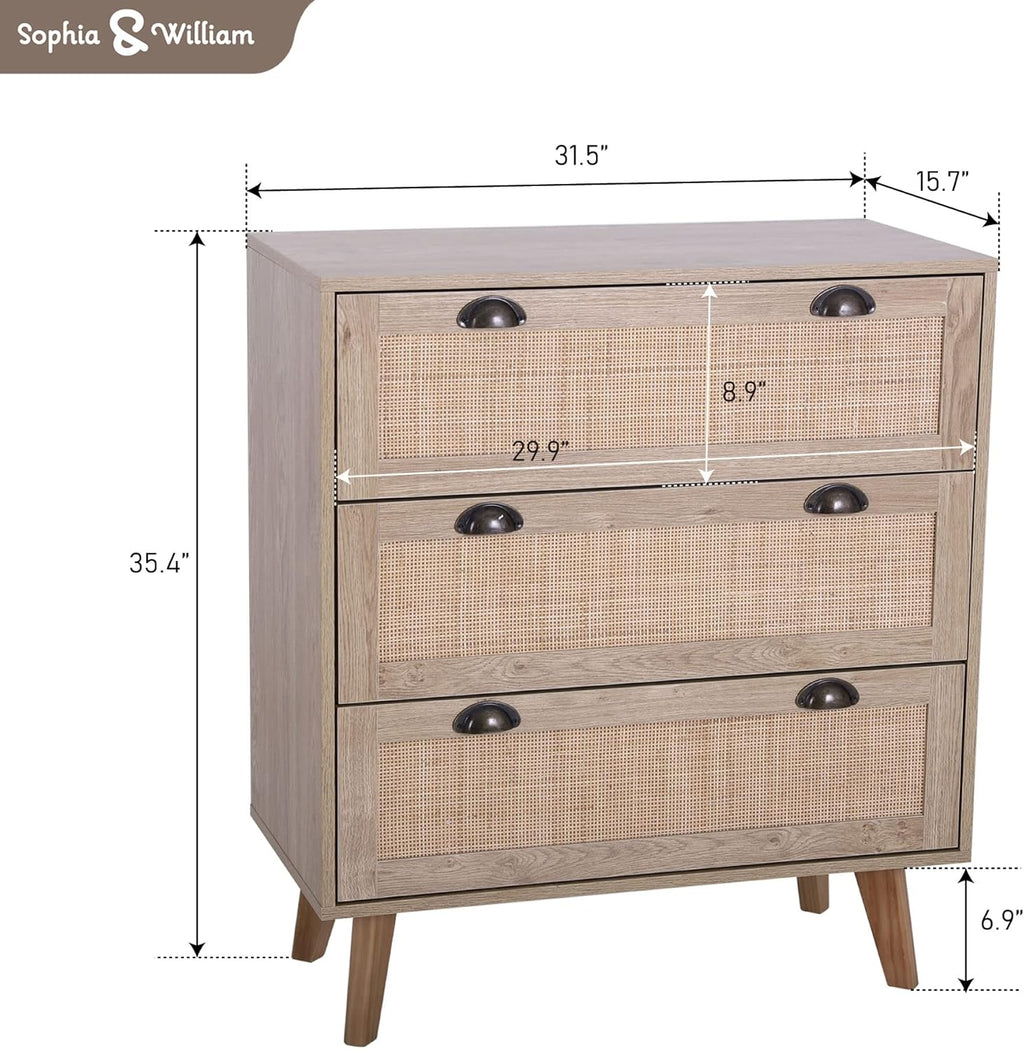 3 Drawer Rattan Storage Cabinet with Pine Wood Legs W690234