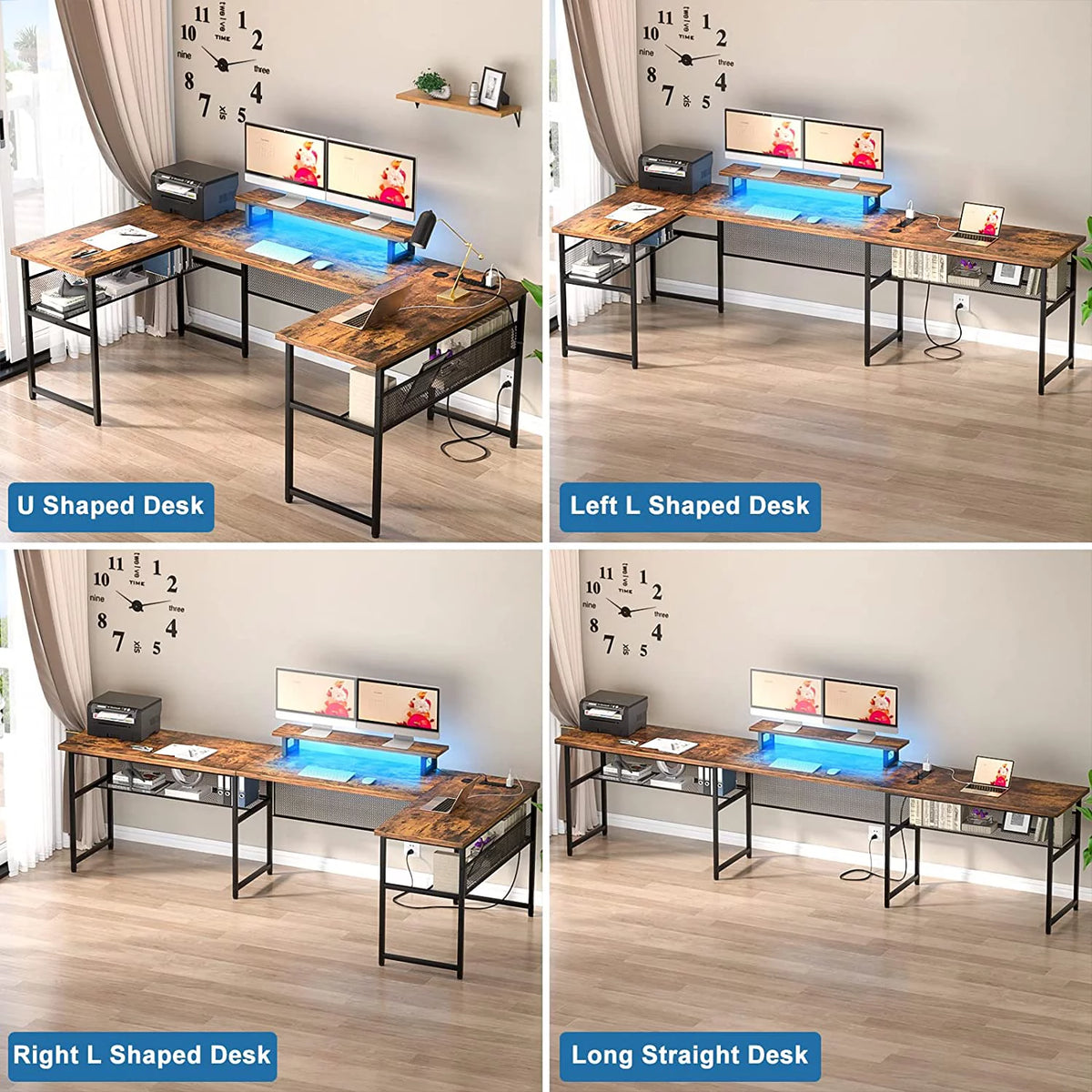 U Shaped Computer Desk with Power Outlet and LED Strip N8002