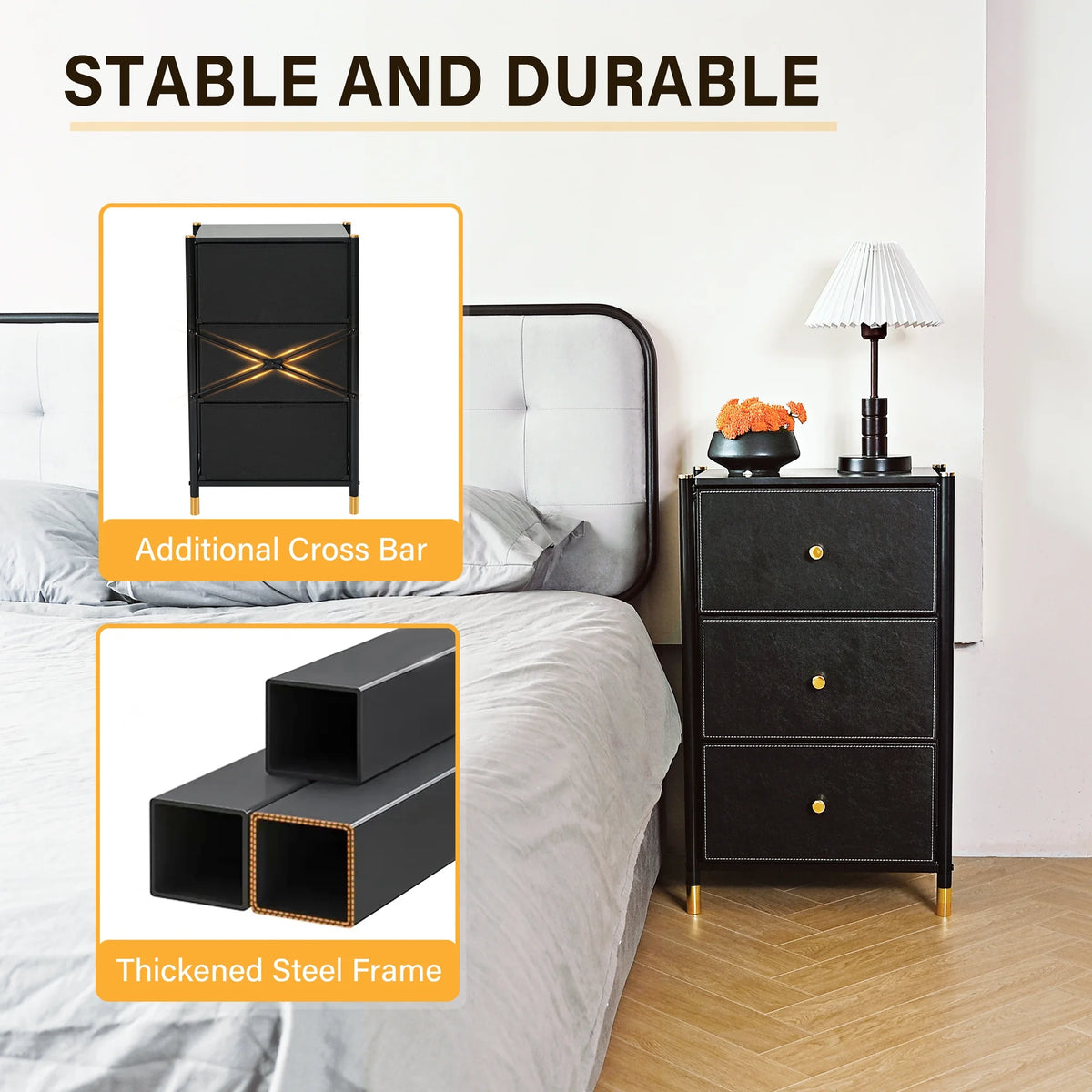 Black 3 Drawer Fabric Dresser E9458