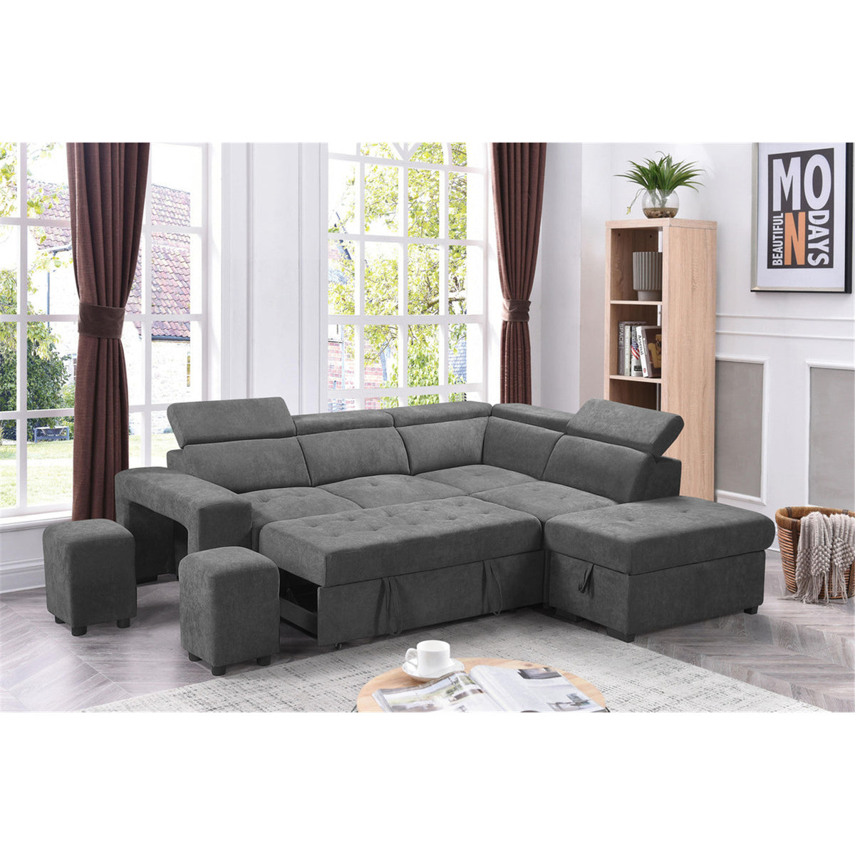 Light Gray Sleeper Sectional Sofa with Storage Ottoman and 2 Stools Y6250