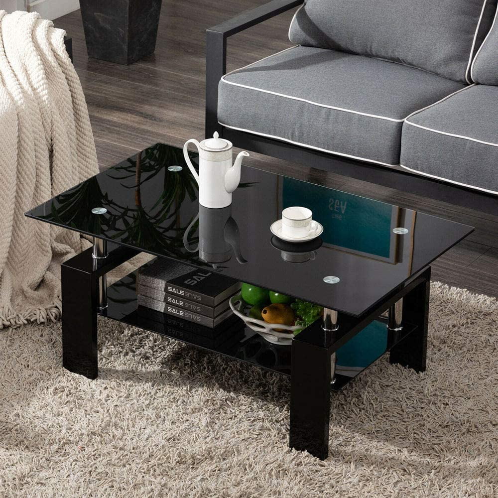 Black Rectangle Glass Coffee Table with Shelf and Wooden Legs T631