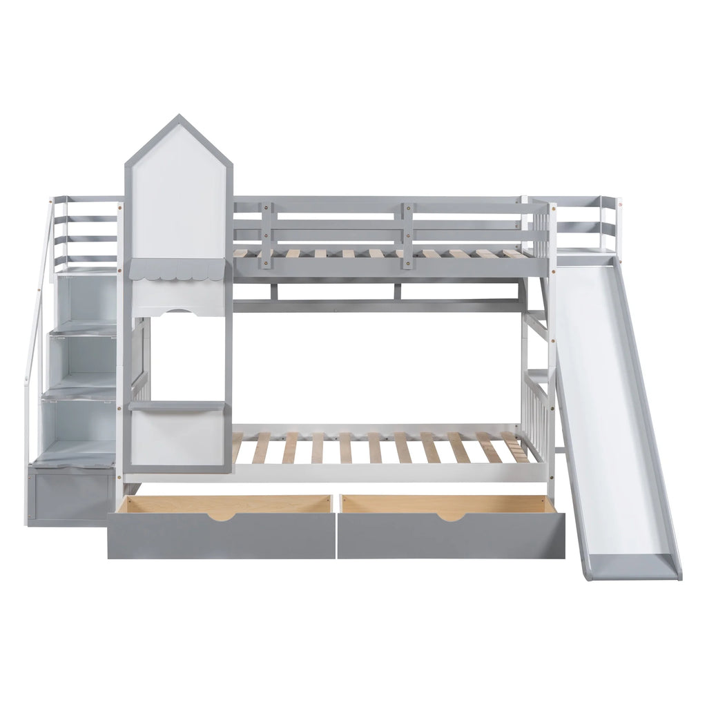 Twin Over Twin Bunk Bed with 2 Drawers and Slide, Gray N9162