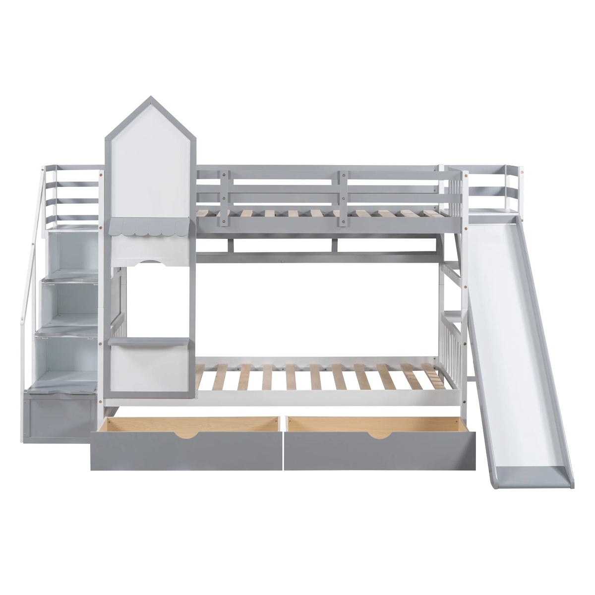 Twin Over Twin Bunk Bed with 2 Drawers and Slide, Gray N9162