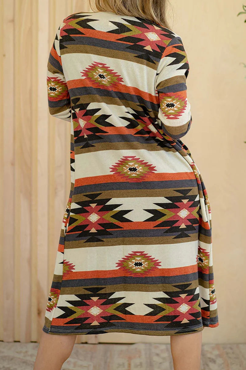 Geometric Print Contrast Cardigan Collar Outerwear W5840