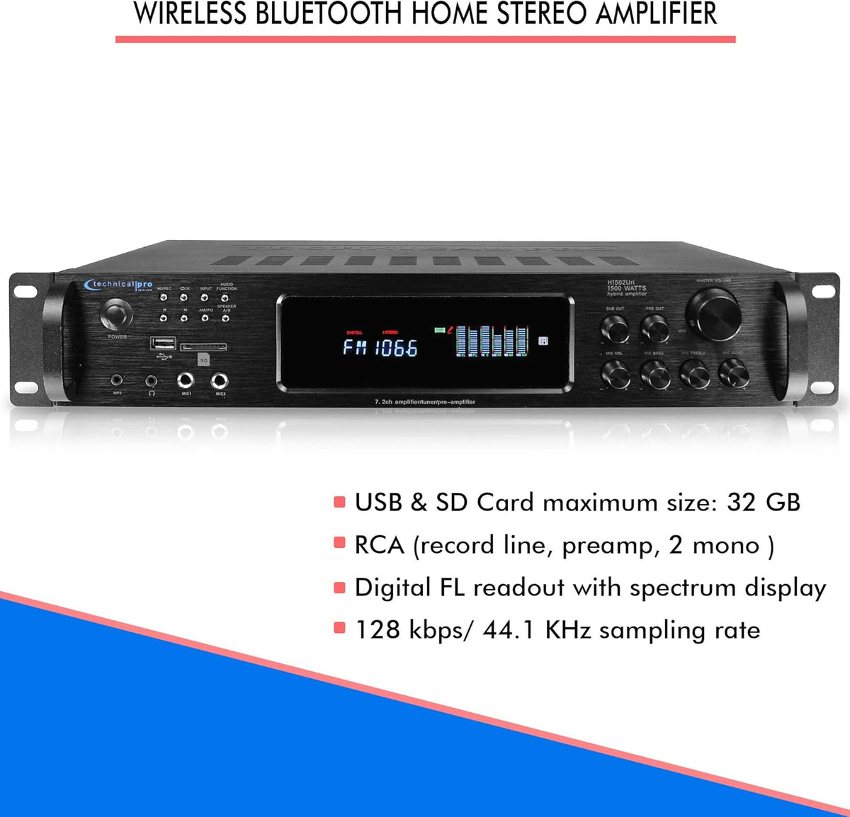 1500 Watt Bluetooth Stereo Amplifier with USB and SD Inputs G89951