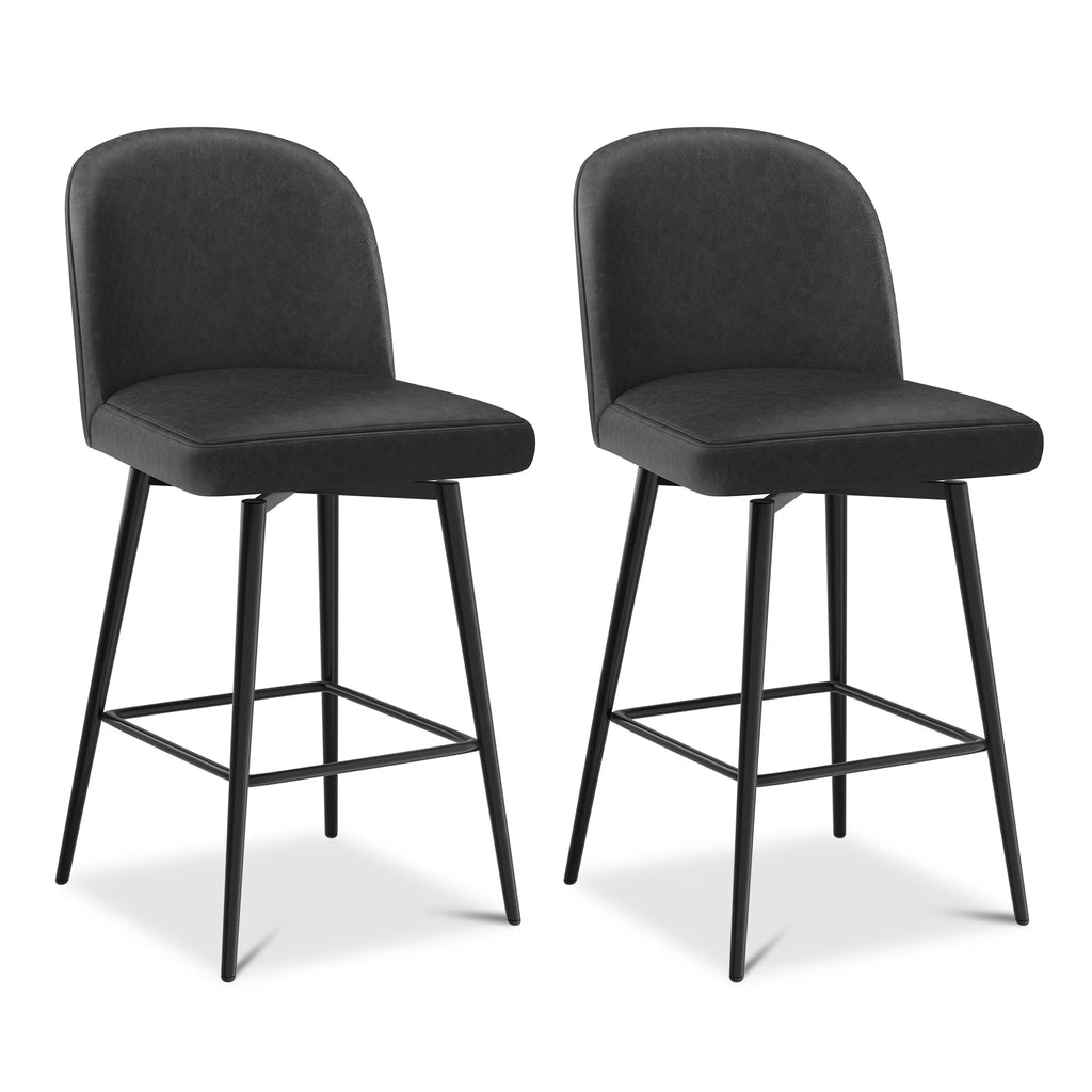 Black 26 Inch Upholstered Swivel Bar Stools Set of 2 with Back and Metal Legs O2186