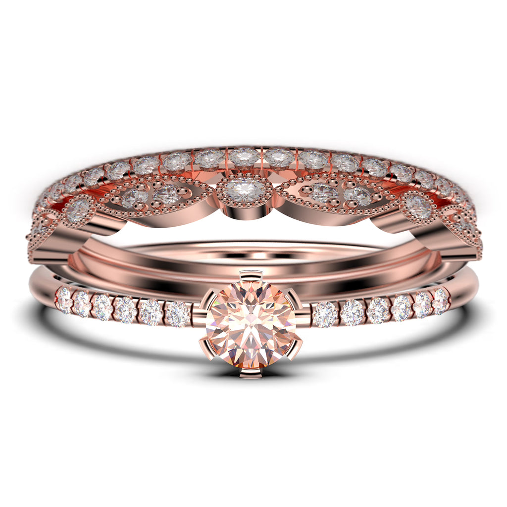 1.55 Carat Round Cut Morganite And Diamond Moissanite Engagement Ring Trio Set in 925 Sterling Silver With 18k Rose Gold Plating R83545