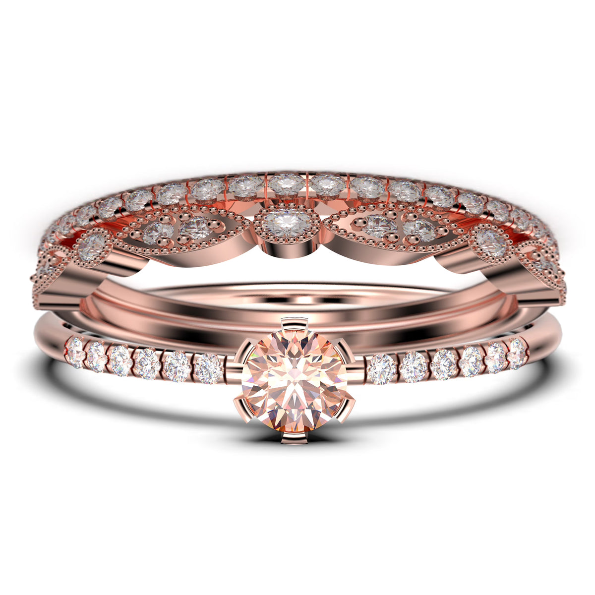 1.55 Carat Round Cut Morganite And Diamond Moissanite Engagement Ring Trio Set in 925 Sterling Silver With 18k Rose Gold Plating R83545