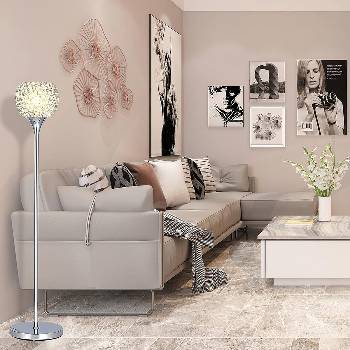 Spherical Crystal Floor Lamp, 1-Light Chrome Finish, E26 Base, LED Bulb Included O214