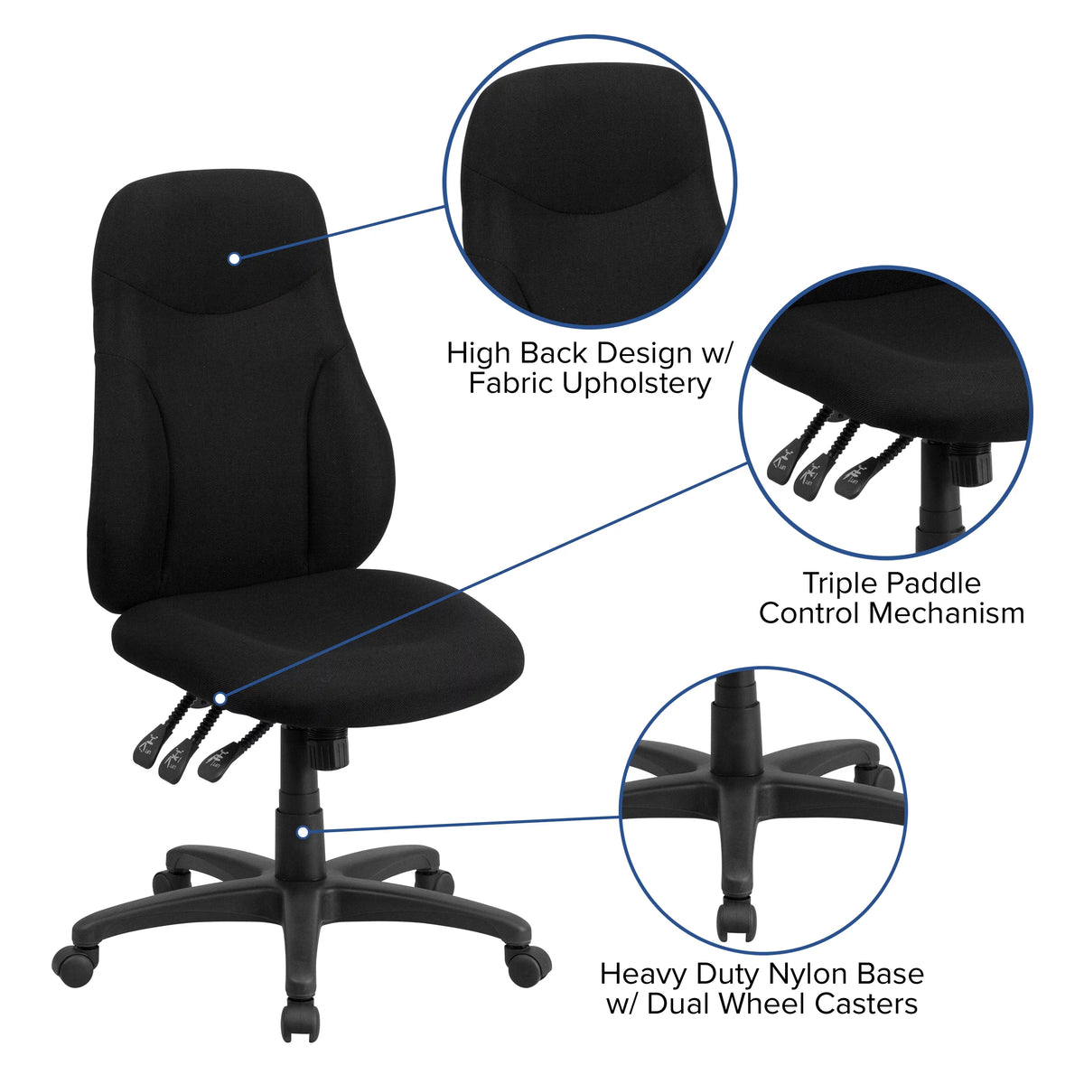 Black Fabric High Back Ergonomic Task Office Chair M3704