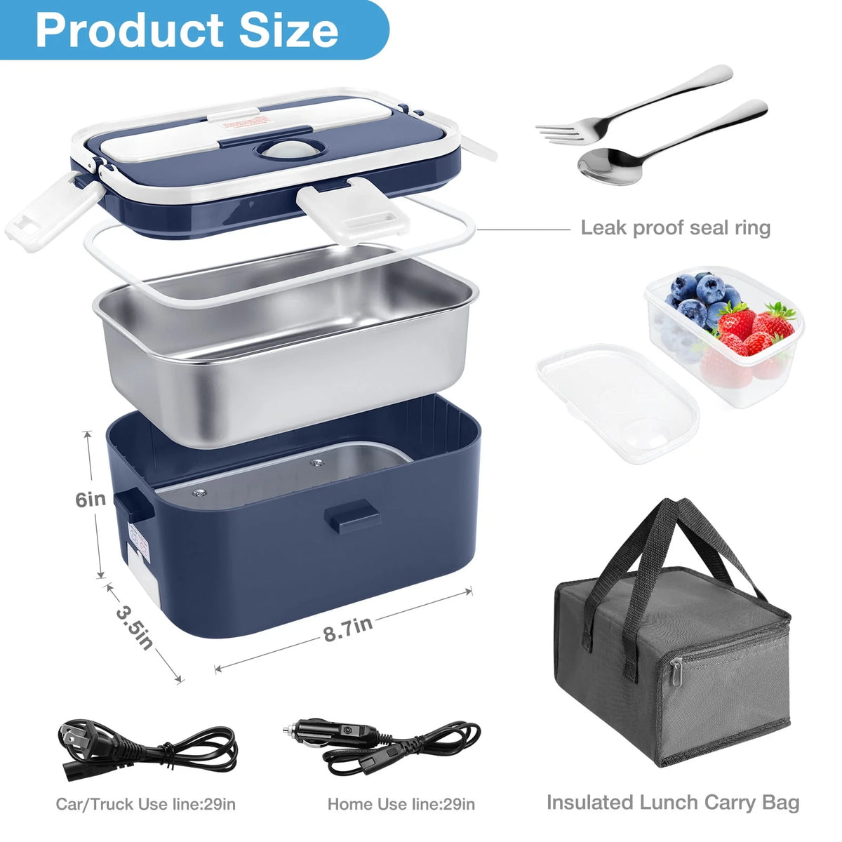 Electric Lunch Box Food Heater 60W 1.8L Stainless Steel Green Royal Blue P561