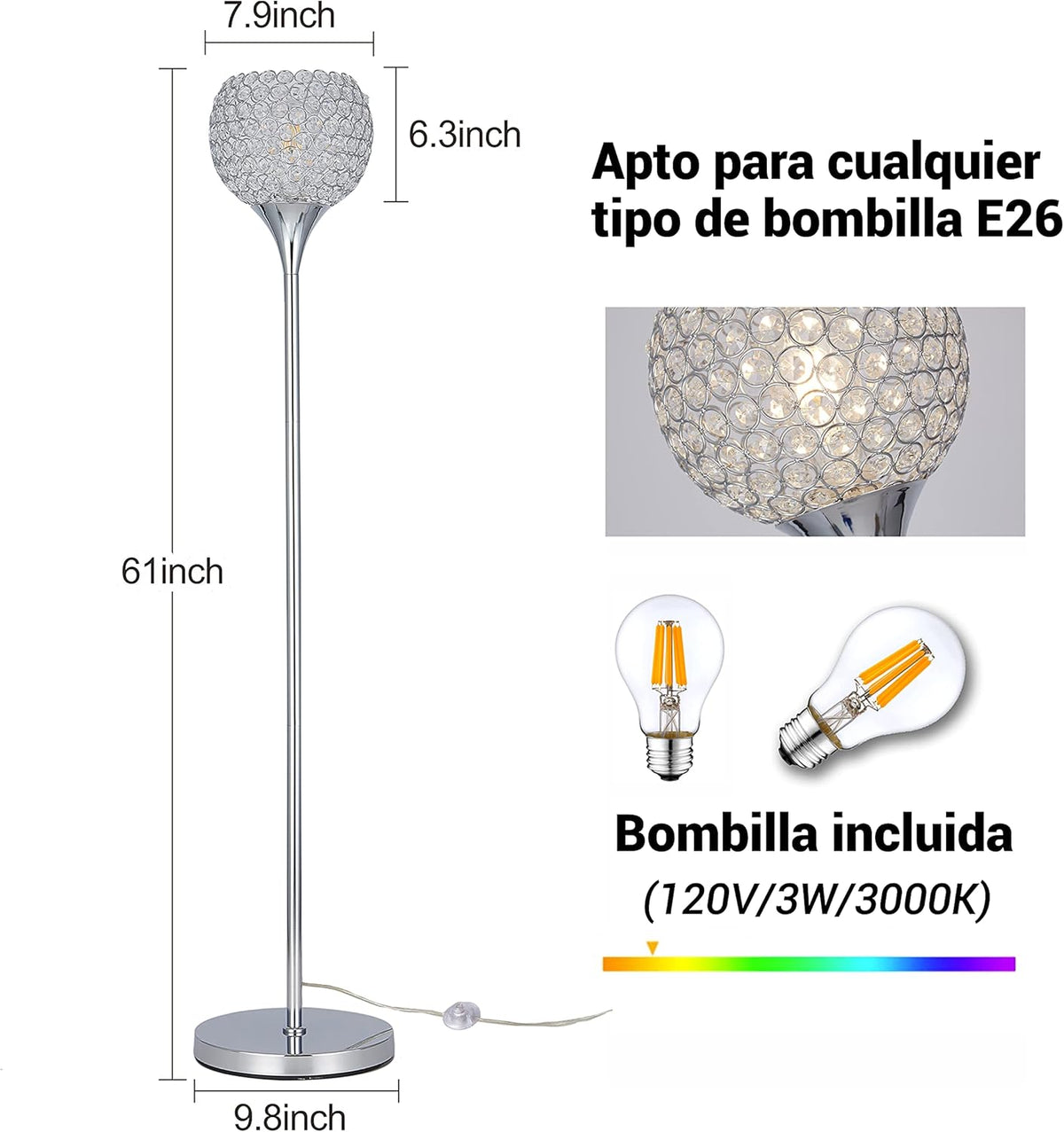 Spherical Crystal Floor Lamp, 1-Light Chrome Finish, E26 Base, LED Bulb Included O214
