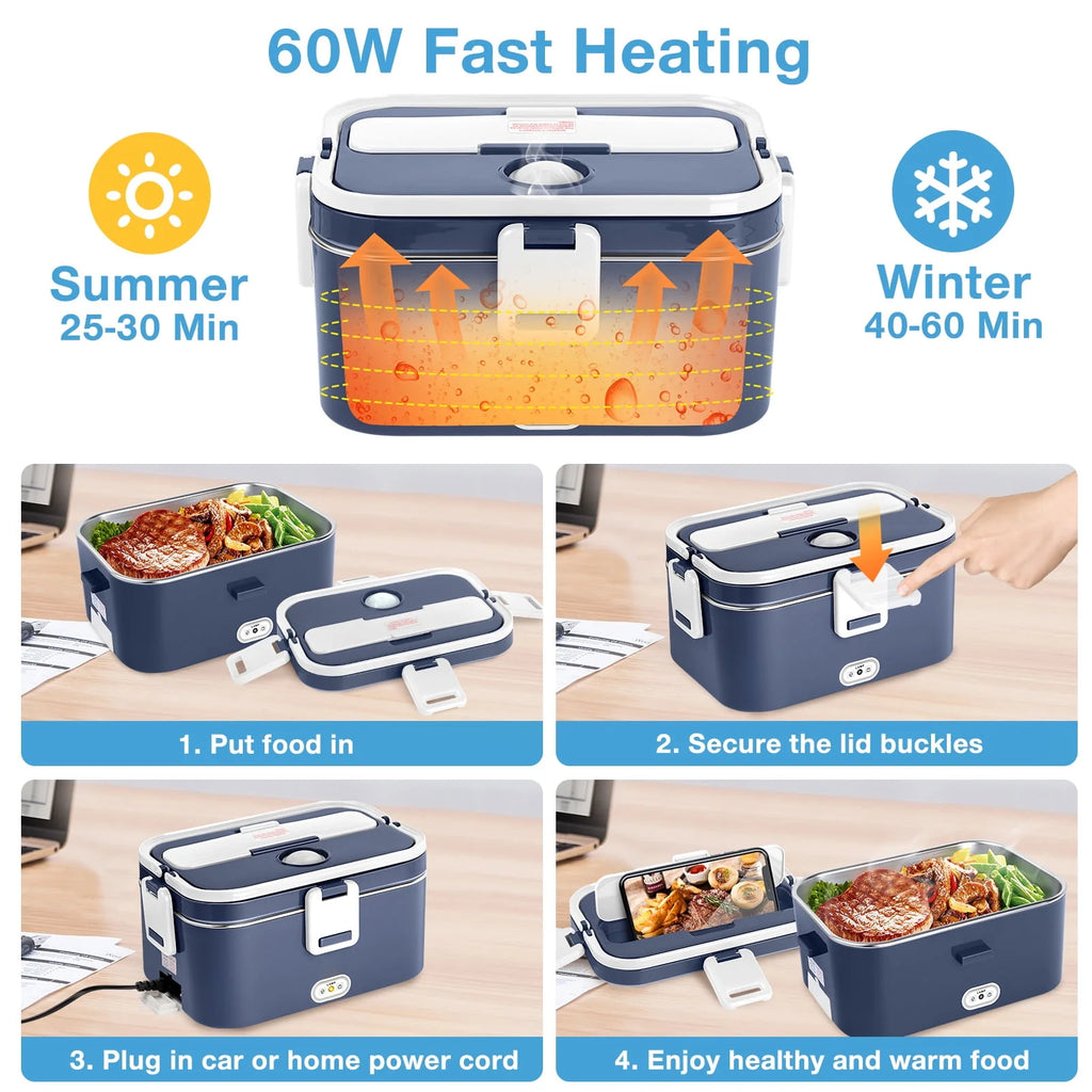 Electric Lunch Box Food Heater 60W 1.8L Stainless Steel Green Royal Blue P561