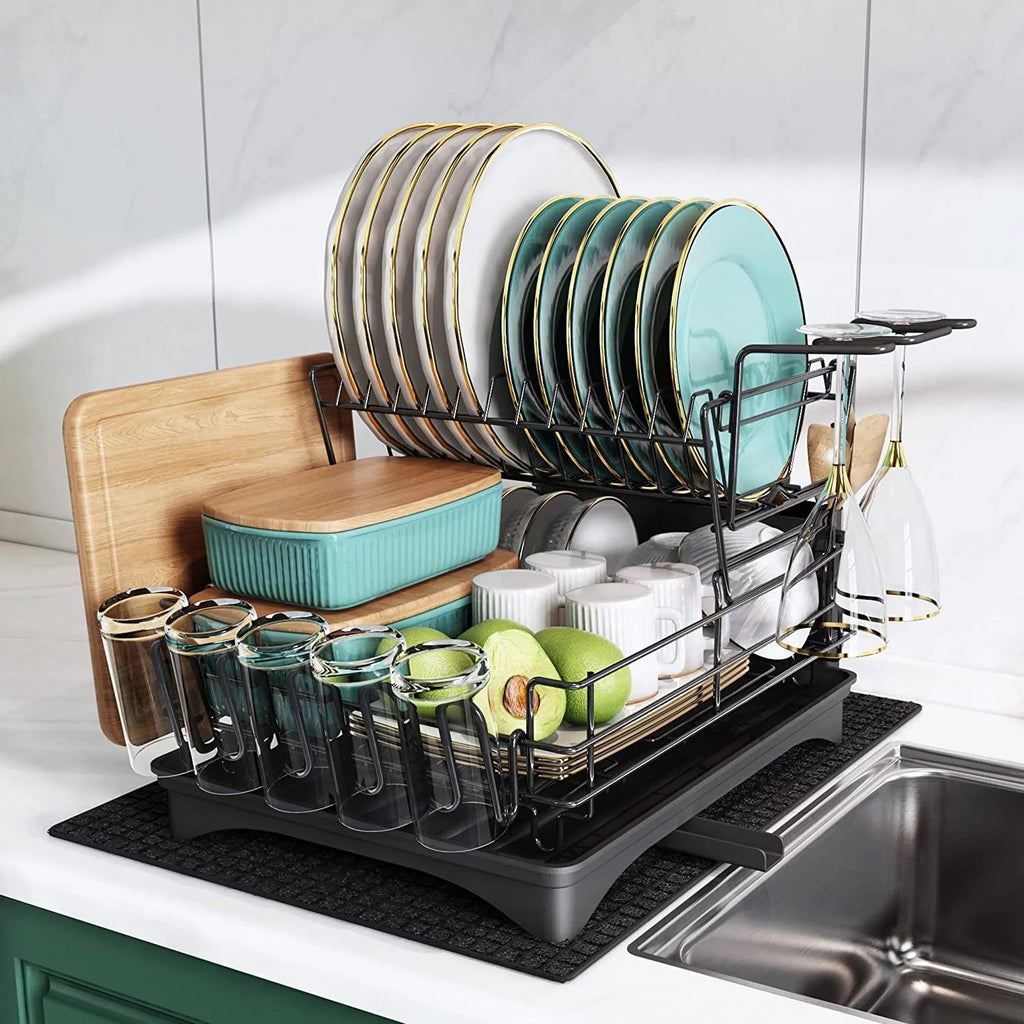 Large 2 Tier Black Dish Drying Rack with Drainboard Set V9813