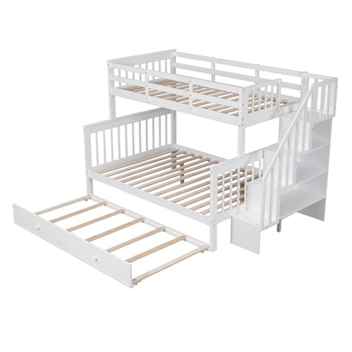 White Wood Twin Over Full Bunk Bed with Trundle and Stairs N676284