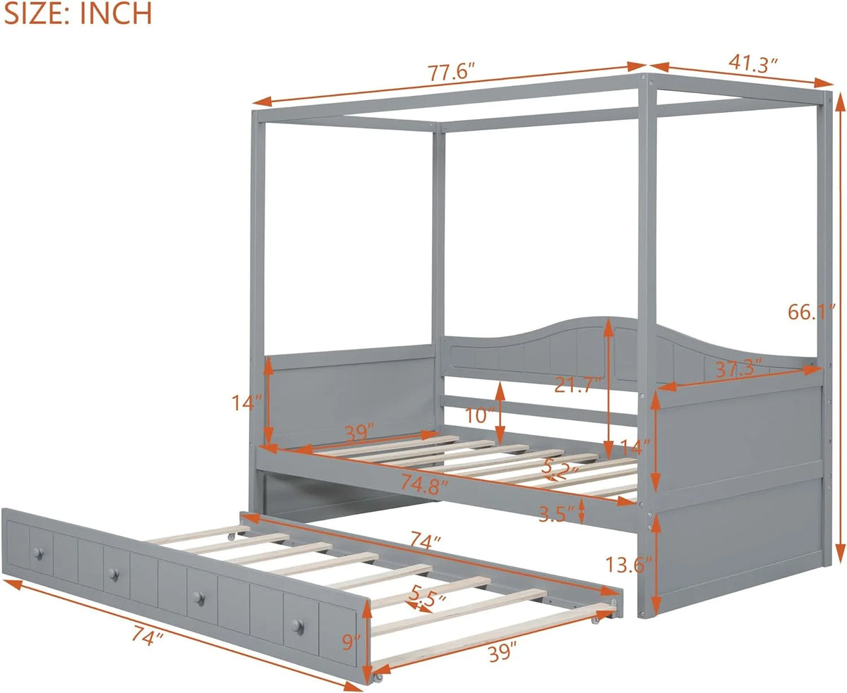 Gray Wooden Canopy Bed with Trundle U187