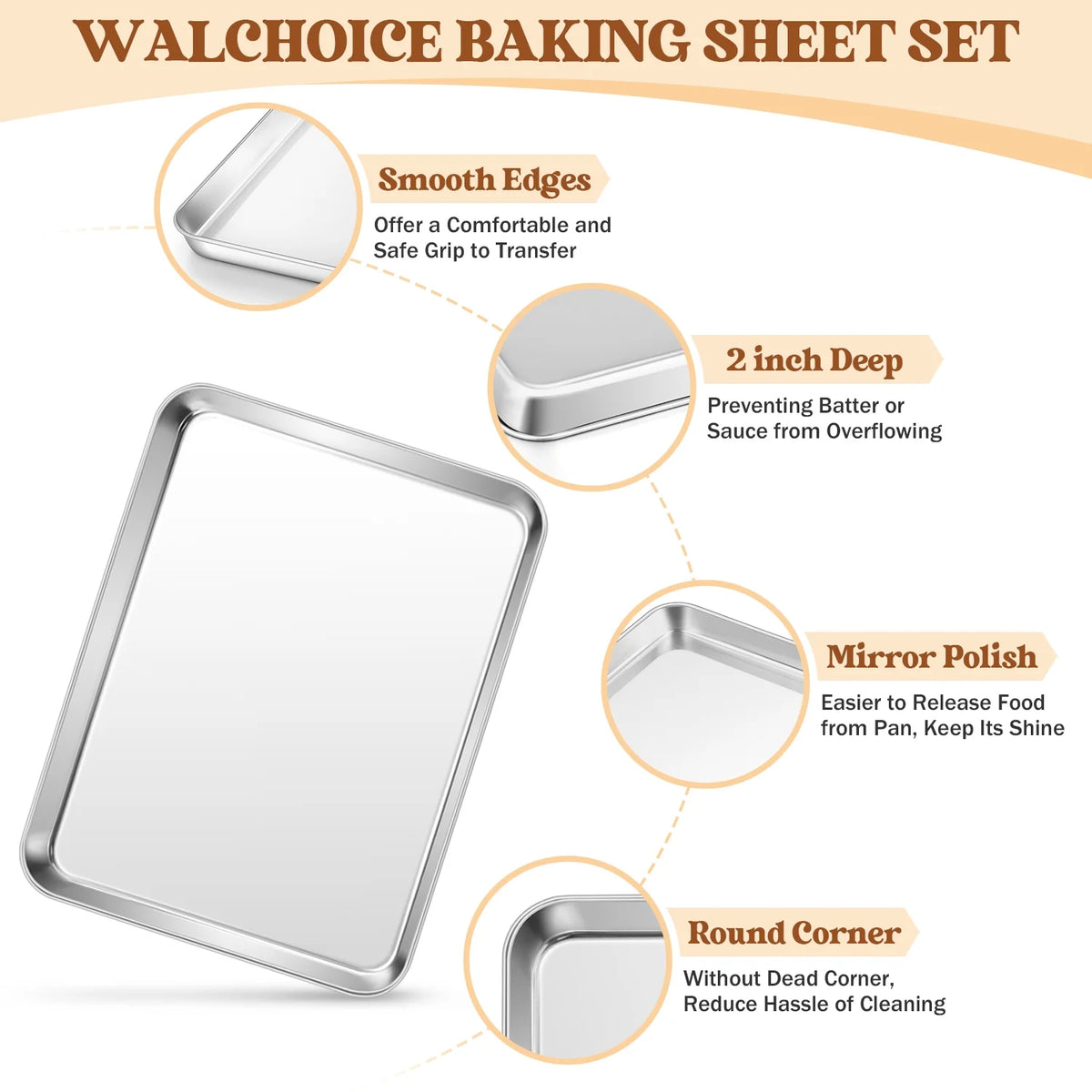 Stainless Steel Baking Sheet Set of 2 with 50 Parchment Papers, 16” x 12” x 1” X720