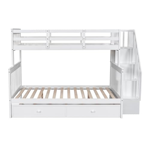 White Wood Twin Over Full Bunk Bed with Trundle and Stairs N676284