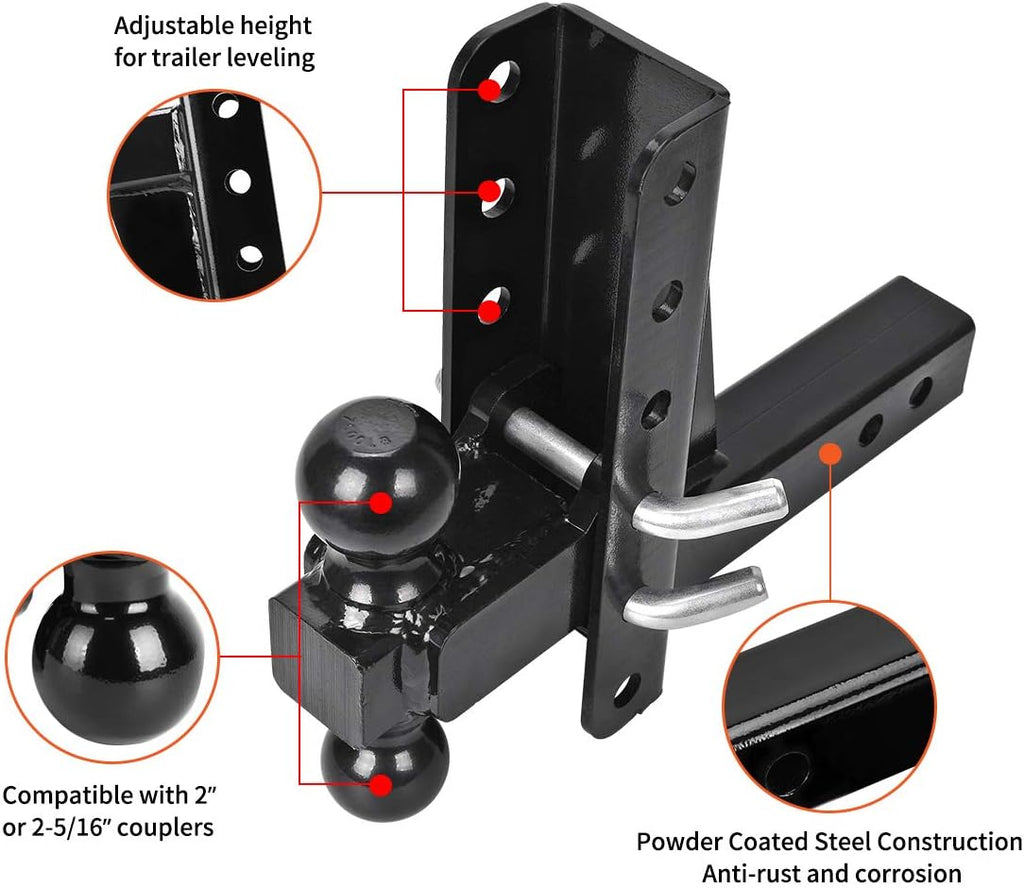 Adjustable Trailer Hitch Ball Mount, 2’’ Receiver, 8’’ Drop/Rise, Dual Balls, 10,000 lbs Capacity, Black Powder Coated Steel J5792