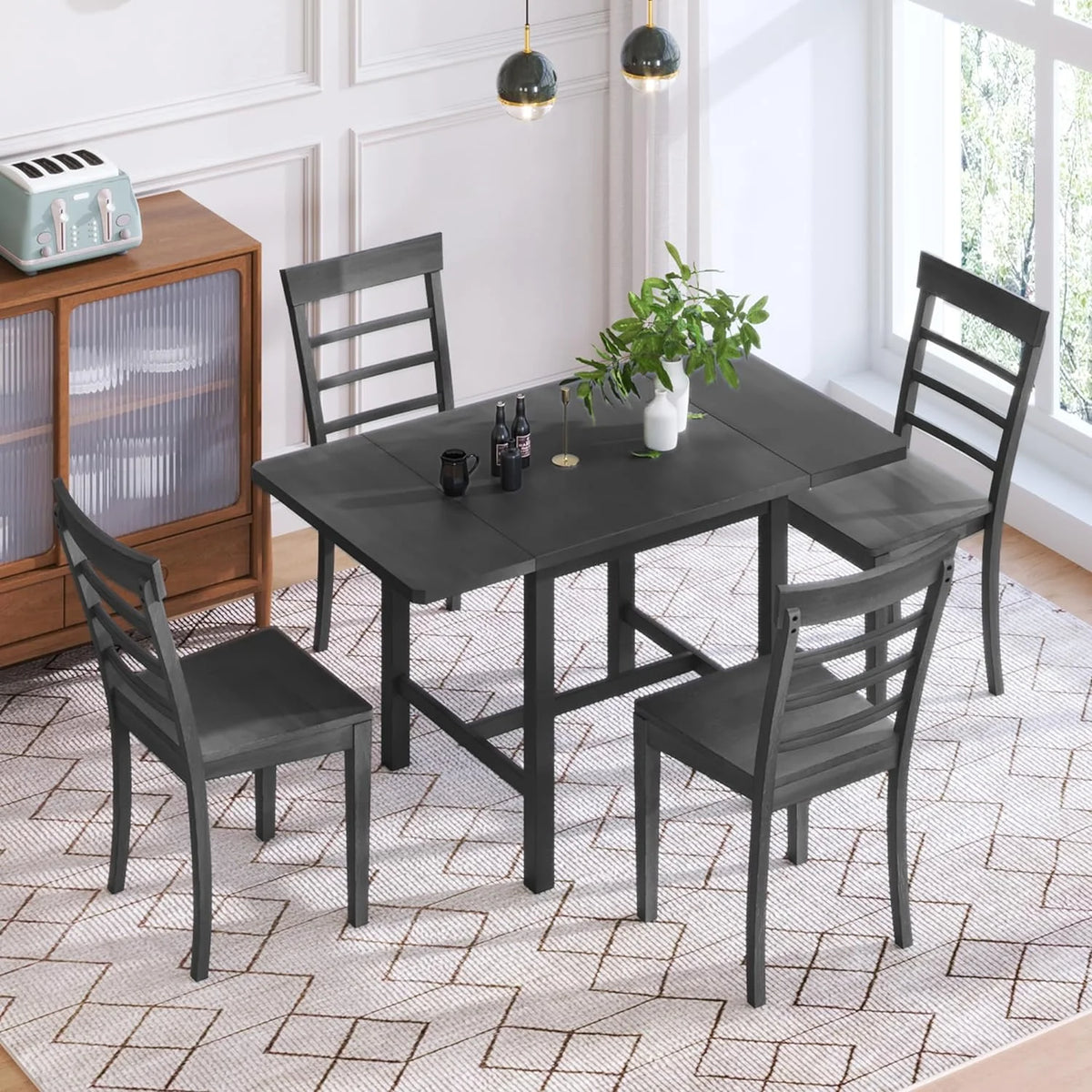 Wood Drop Leaf Dining Table Set with 4 Ladder Back Chairs Grey V168002