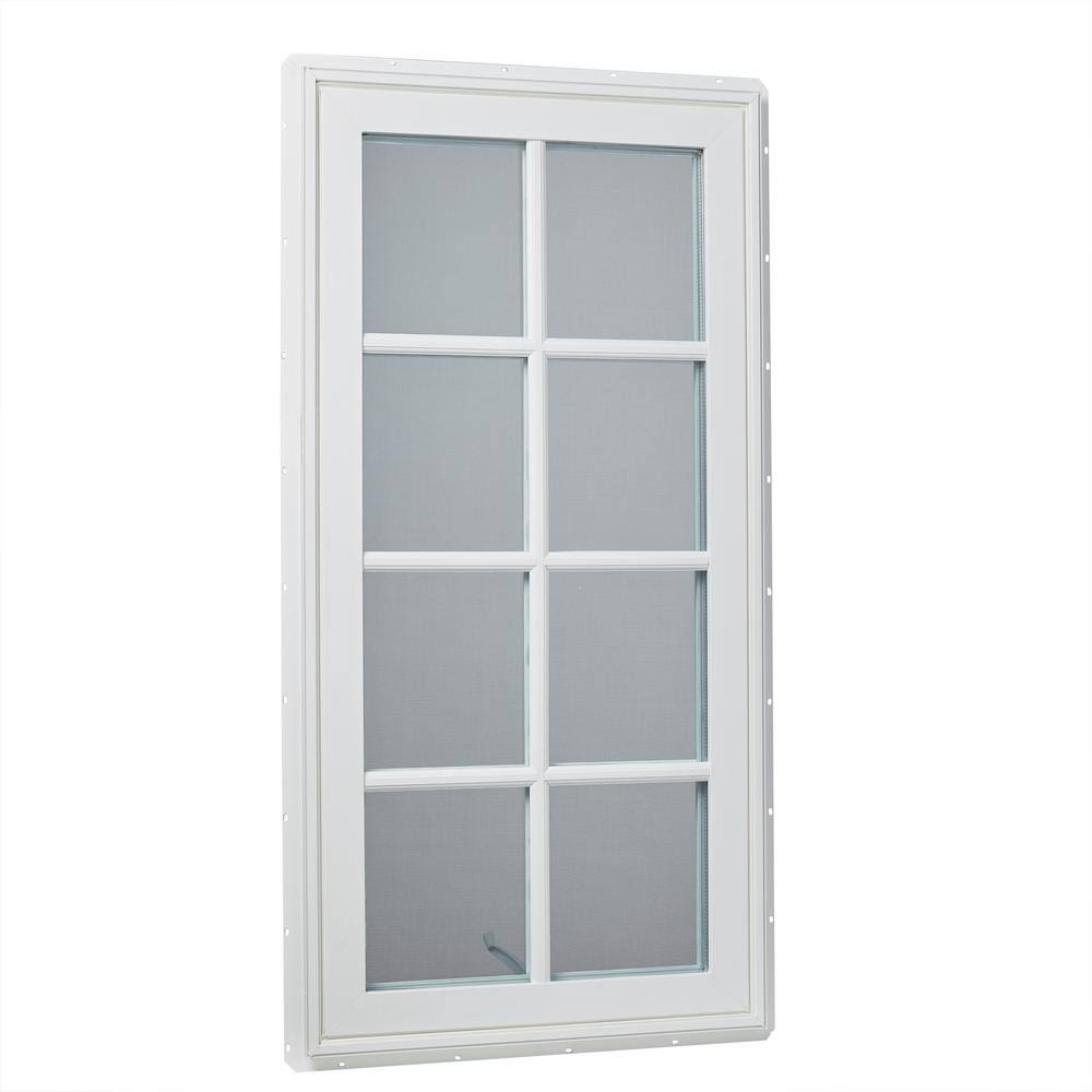 White Vinyl Casement Window with Grids and Screen V954