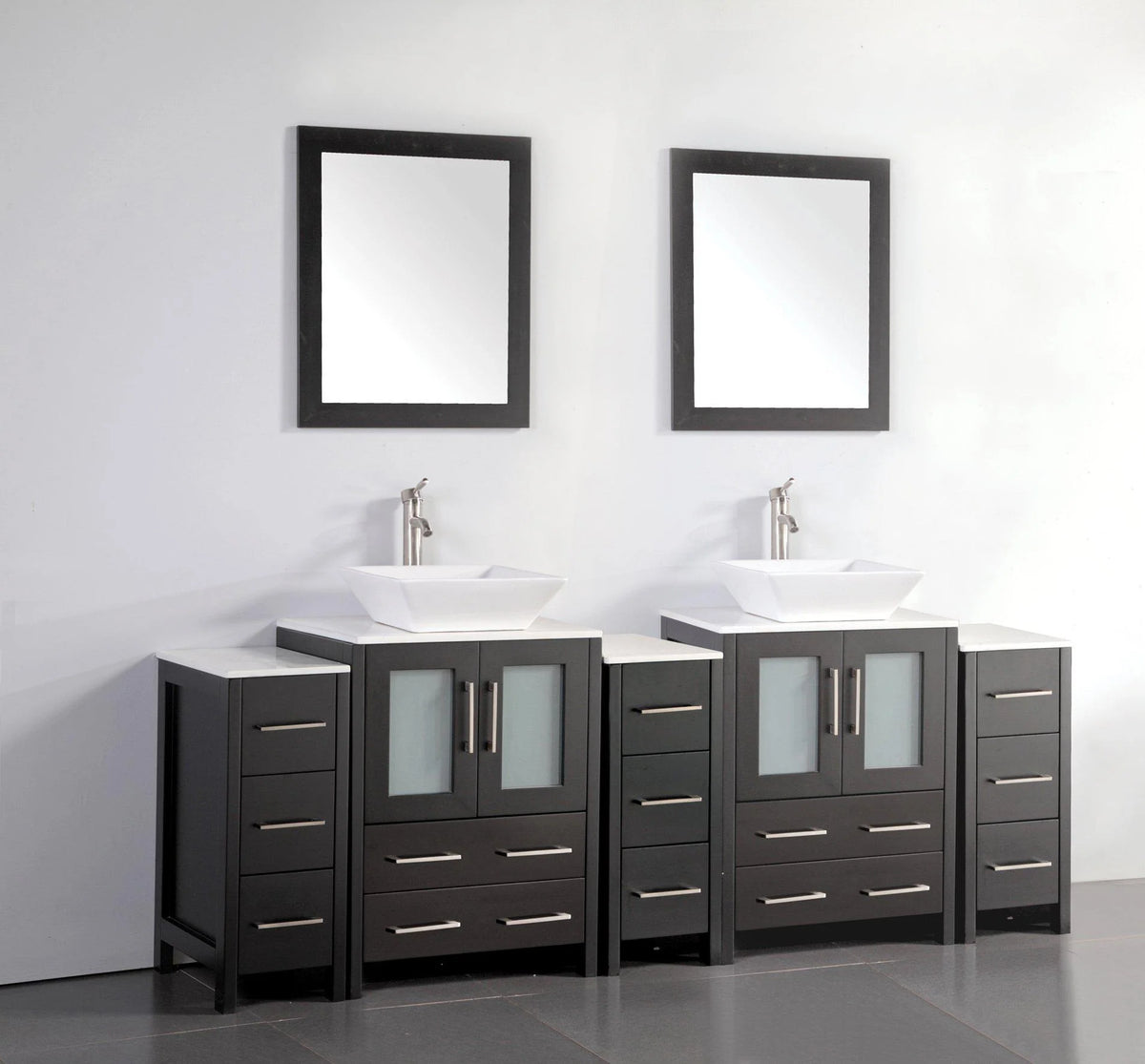 84 in. Espresso Bathroom Vanity with Double Basin White Ceramic Top and Mirrors C91983