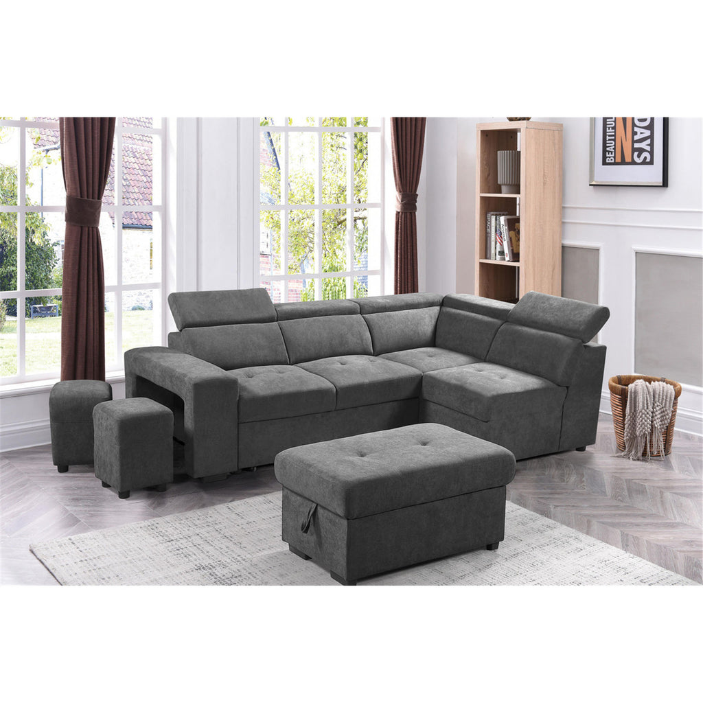 Light Gray Sleeper Sectional Sofa with Storage Ottoman and 2 Stools Y6250