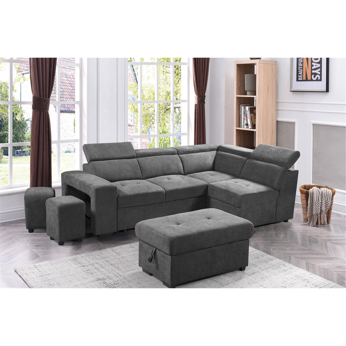 Light Gray Sleeper Sectional Sofa with Storage Ottoman and 2 Stools Y6250