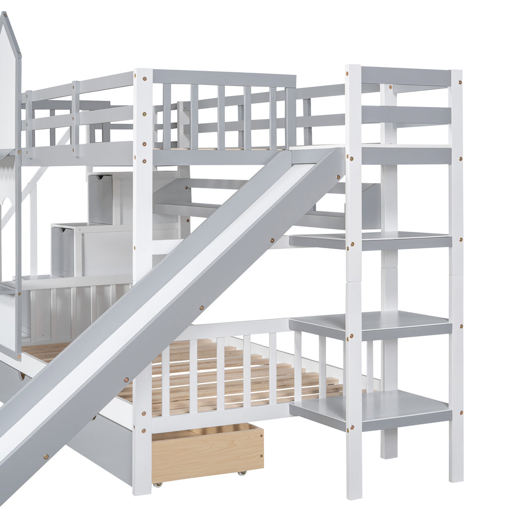 Twin Over Twin Bunk Bed with 2 Drawers and Slide, Gray N9162