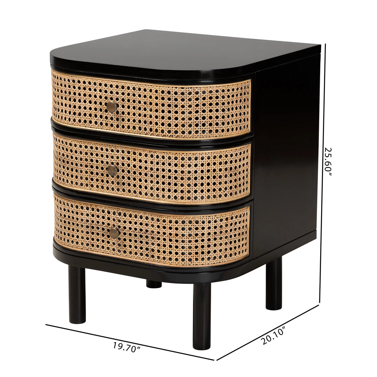 Black Wood and Rattan 3-Drawer End Table Nightstand I731