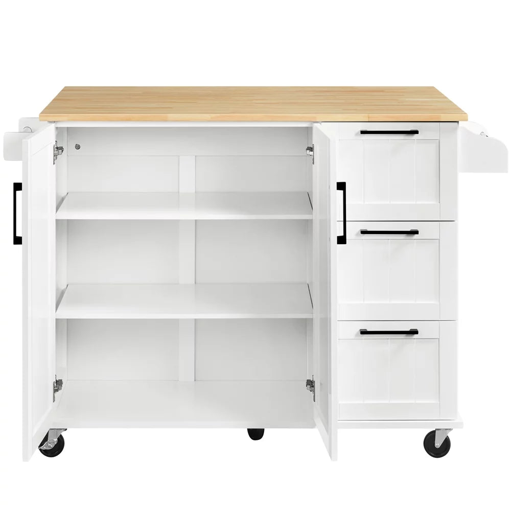 White Rolling Kitchen Cart with Wood Top and Drop Leaf J563362
