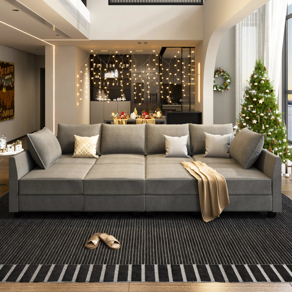 Grey Convertible Sleeper Sofa Bed with Storage Ottomans Y371262