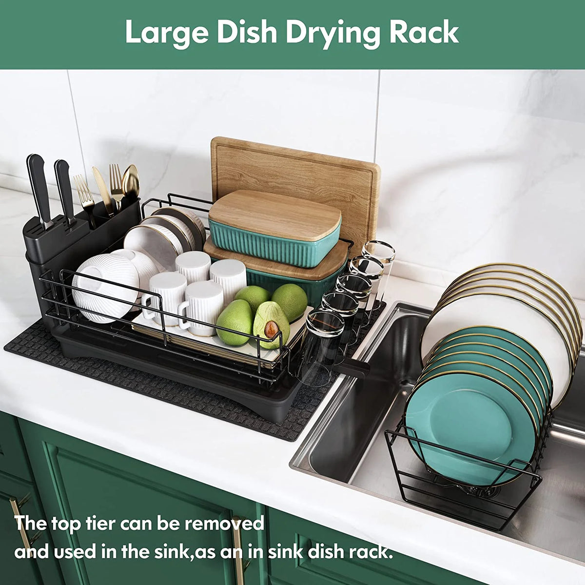 Large 2 Tier Black Dish Drying Rack with Drainboard Set V9813