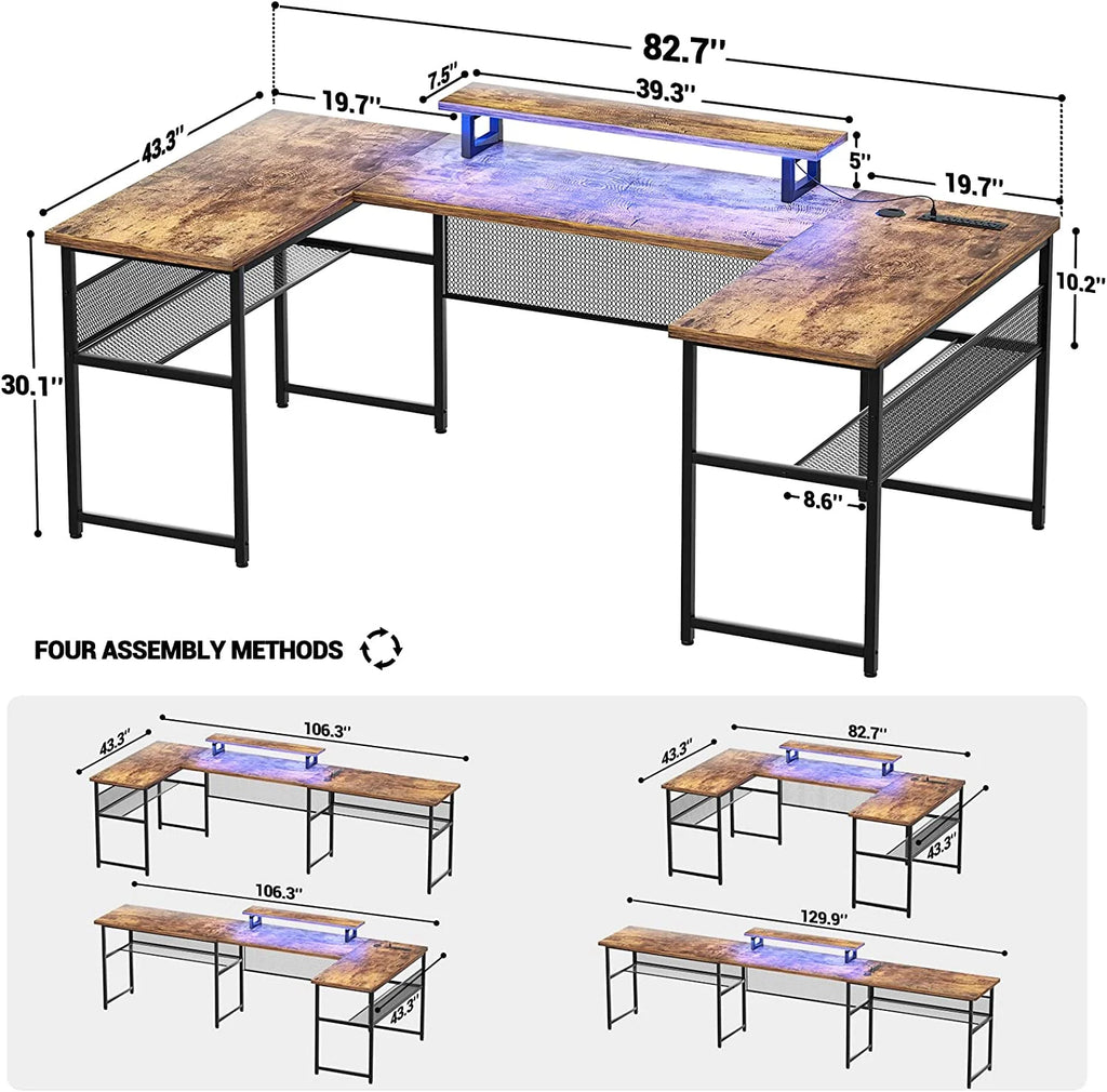 U Shaped Computer Desk with Power Outlet and LED Strip N8002
