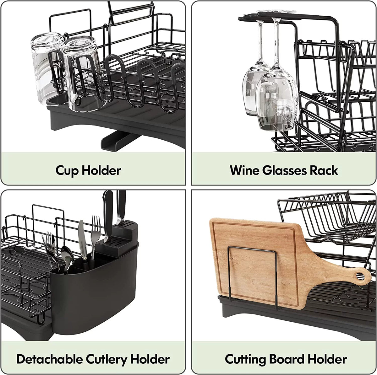 Large 2 Tier Black Dish Drying Rack with Drainboard Set V9813