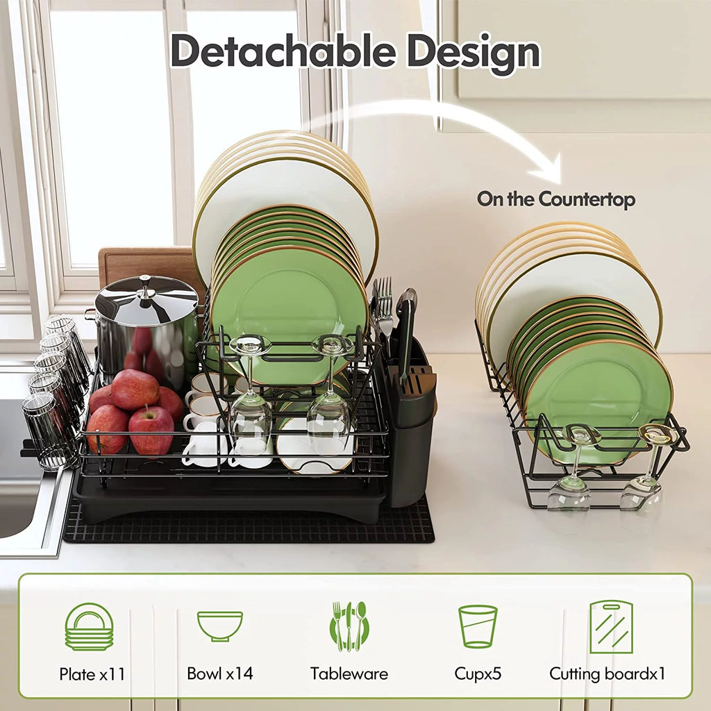 Large 2 Tier Black Dish Drying Rack with Drainboard Set V9813