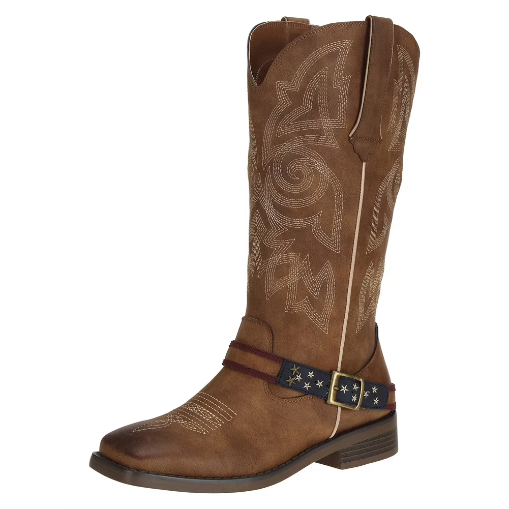 Brown Square Toe Mid Calf Cowboy Boots Size 8.5 P1292