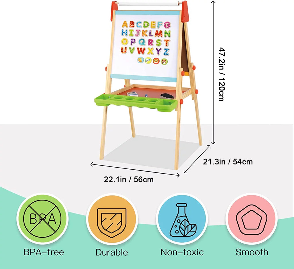 Wooden Easel with Magnetic Whiteboard, Chalkboard, Paper Roll O190