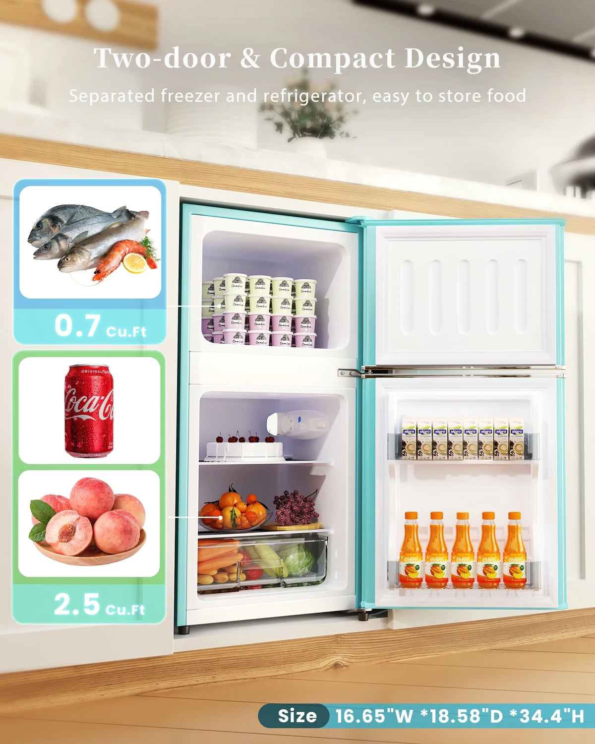3.2 Cu.Ft 2 Doors Mini Fridge with Freezer, Blue E24310