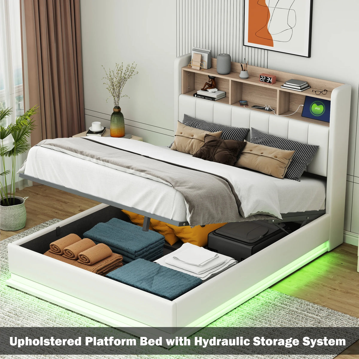 Black Full Size PU Upholstered Platform Bed with Storage Headboard R914816
