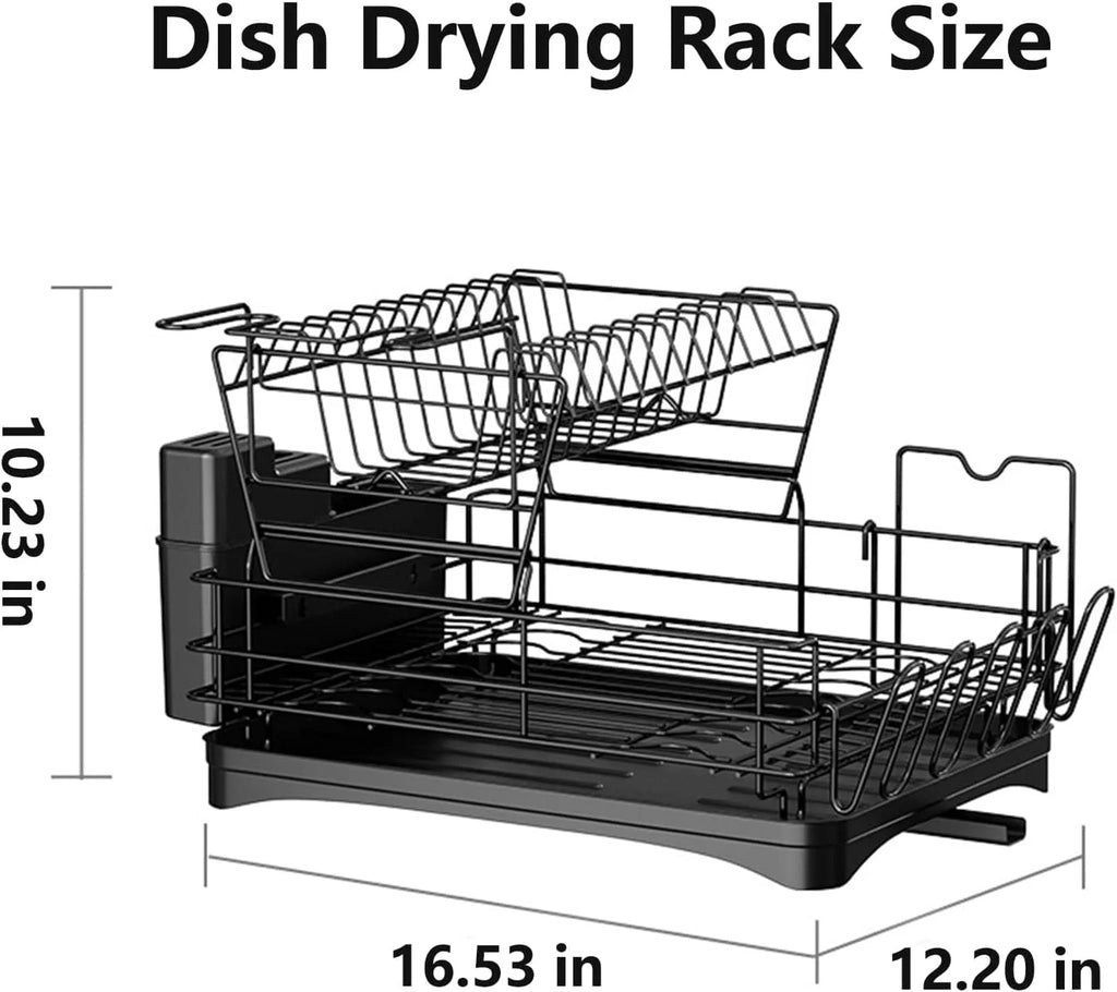 Large 2 Tier Black Dish Drying Rack with Drainboard Set V9813