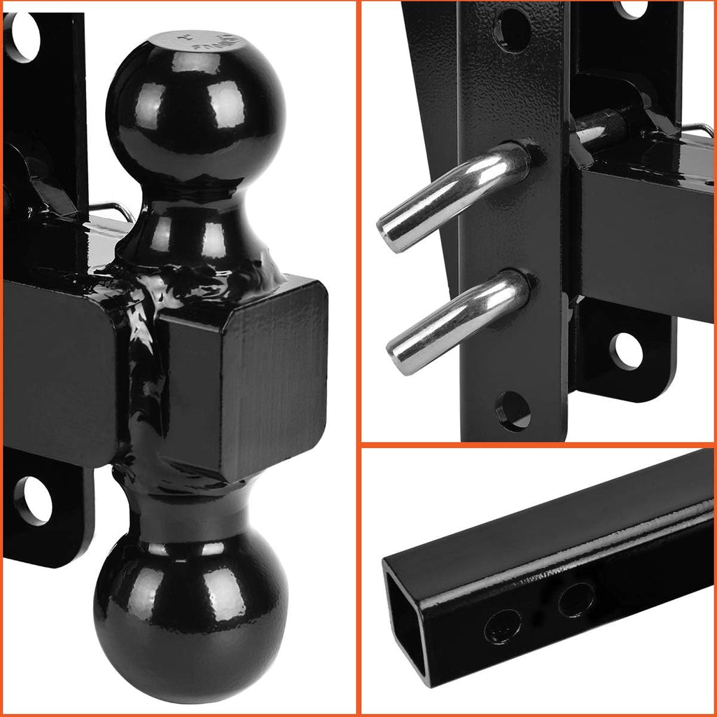 Adjustable Trailer Hitch Ball Mount, 2’’ Receiver, 8’’ Drop/Rise, Dual Balls, 10,000 lbs Capacity, Black Powder Coated Steel J5792