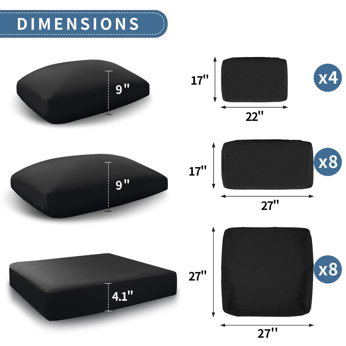 Black 20 Piece Olefin Outdoor Cushion Covers J7699