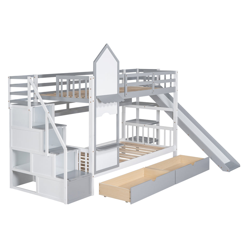 Twin Over Twin Bunk Bed with 2 Drawers and Slide, Gray N9162