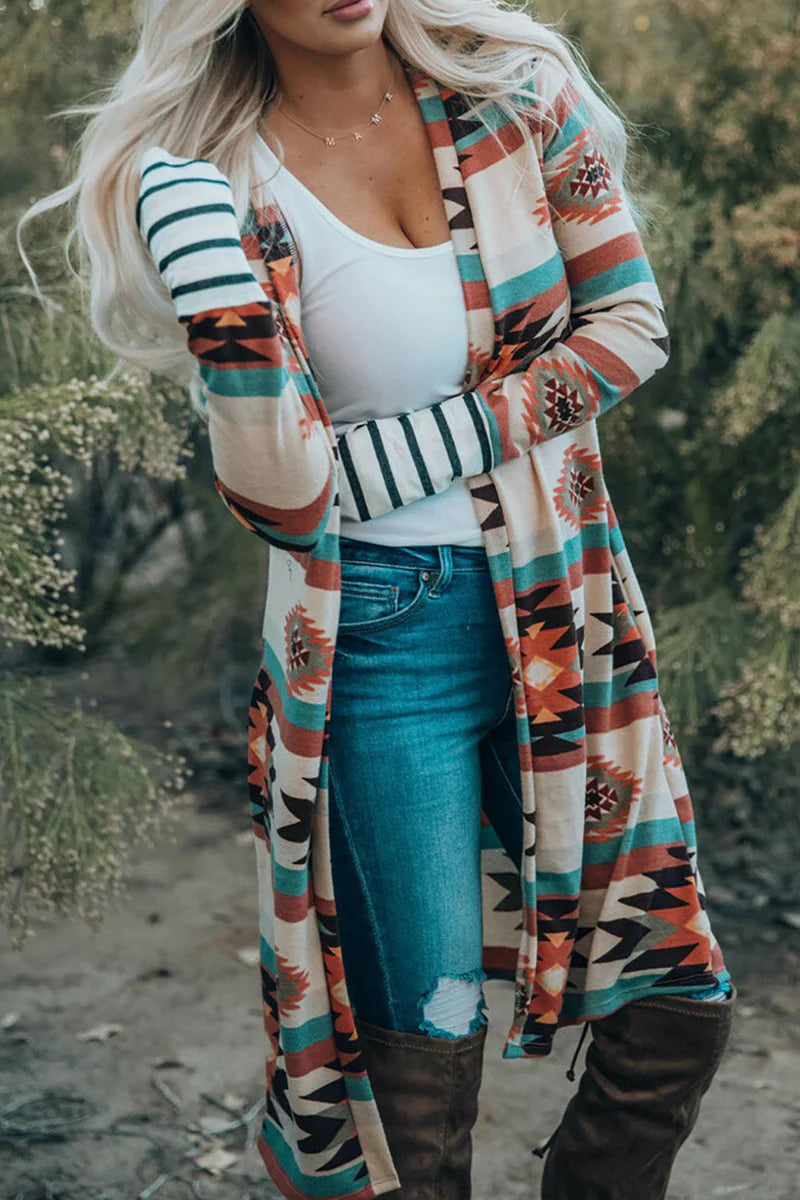 Geometric Print Contrast Cardigan Collar Outerwear W5840