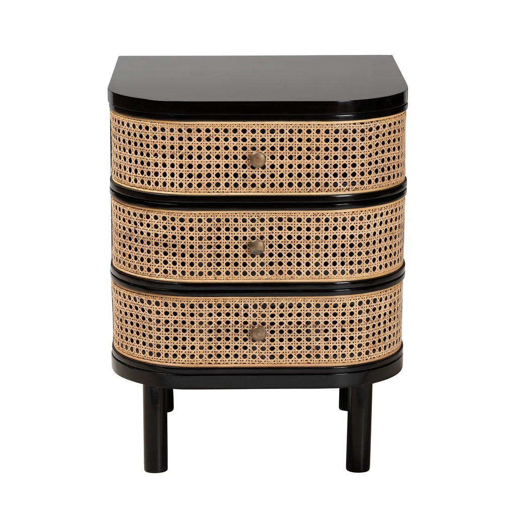 Black Wood and Rattan 3-Drawer End Table Nightstand I731